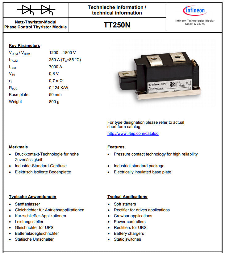 INFINEON EUPEC - TT250N14KOF - Silicon Controlled Rectifier SCR. Doubler 250Amp 